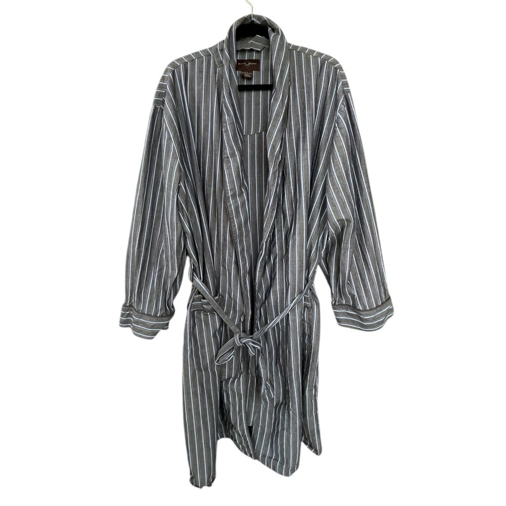 BLACK BROWN 1826 Cotton Striped Bath Robe Belt Gray Blue White XL